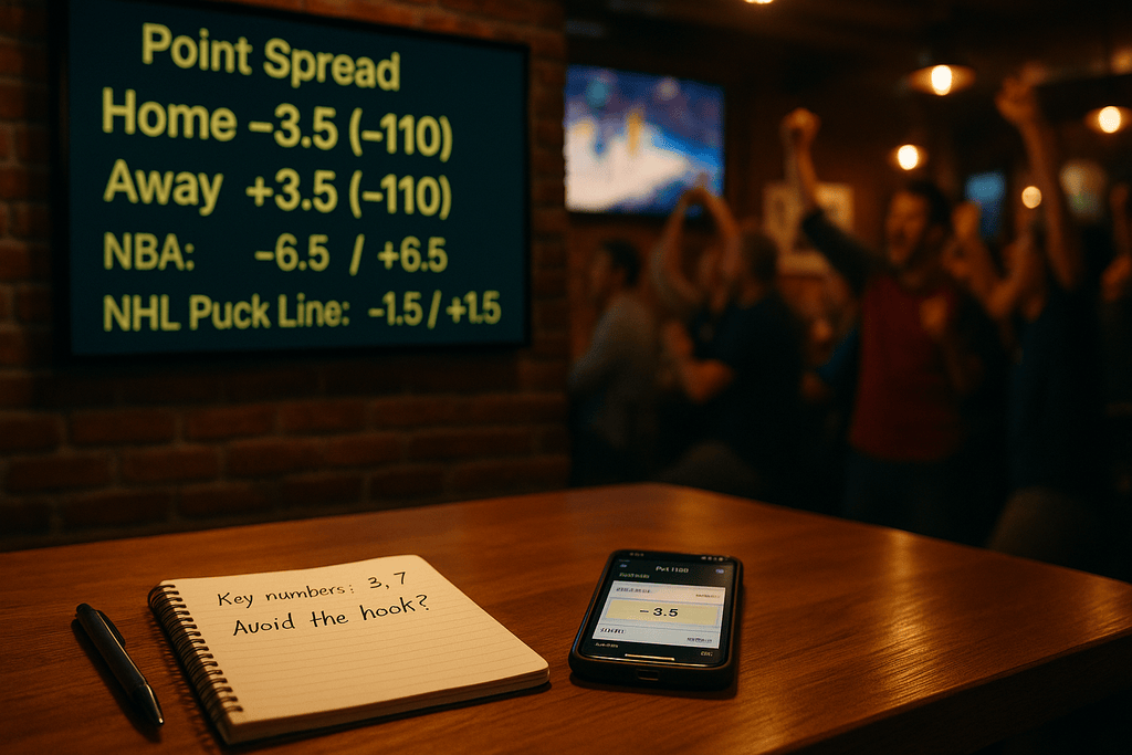 Sports bar odds board showing point spreads with favorites and underdogs, including a half-point hook, illustrating sports spread betting concepts.